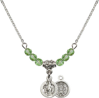 18" Rhodium Plated Necklace with 4mm Peridot Crystal Beads featuring a Sterling Silver Saint Benedict Medal.