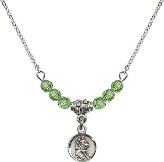18" Rhodium Plated Necklace with 4mm Peridot Crystal Beads featuring a Sterling Silver Saint Christopher Medal.