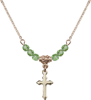 18" Hamilton Gold Plated Necklace with 4mm Peridot Crystal Beads featuring a 14kt Gold Filled Cross Medal.