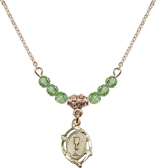 18" Hamilton Gold Plated Necklace with 4mm Peridot Crystal Beads featuring a 14kt Gold Filled Communion Medal.