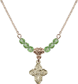 18" Hamilton Gold Plated Necklace with 4mm Peridot Crystal Beads featuring a 14kt Gold Filled 4-Way Medal.