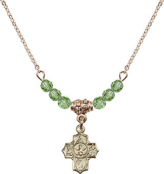 18" Hamilton Gold Plated Necklace with 4mm Peridot Crystal Beads featuring a 14kt Gold Filled 5-Way Medal.