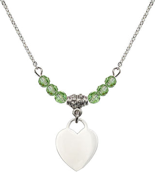 18" Rhodium Plated Necklace with 4mm Peridot Crystal Beads featuring a Sterling Silver Heart Medal. Engraved Catholic Saint Jewelry