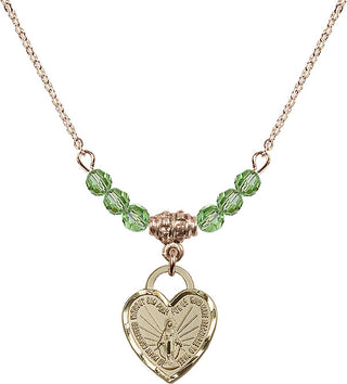 18" Hamilton Gold Plated Necklace with 4mm Peridot Crystal Beads featuring a 14kt Gold Filled Miraculous Heart Medal. Engraved Catholic Saint Jewelry