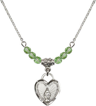 18" Rhodium Plated Necklace with 4mm Peridot Crystal Beads featuring a Sterling Silver Miraculous Heart Medal. Engraved Catholic Saint Jewelry