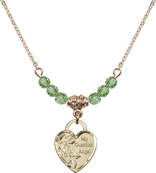 18" Hamilton Gold Plated Necklace with 4mm Peridot Crystal Beads featuring a 14kt Gold Filled Guardian Angel Heart Medal. Engraved Catholic Saint Jewelry