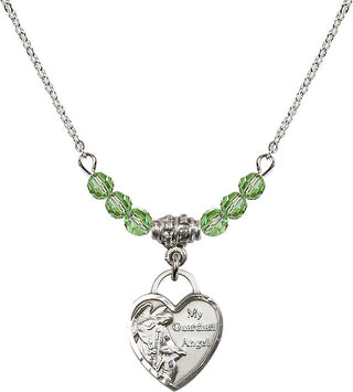 18" Rhodium Plated Necklace with 4mm Peridot Crystal Beads featuring a Sterling Silver Guardian Angel Heart Medal. Engraved Catholic Saint Jewelry