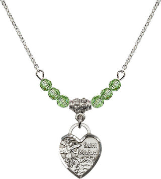 18" Rhodium Plated Necklace with 4mm Peridot Crystal Beads featuring a Sterling Silver Saint Michael Heart Medal. Engraved Catholic Saint Jewelry