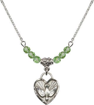18" Rhodium Plated Necklace with 4mm Peridot Crystal Beads featuring a Sterling Silver Confirmation Heart Medal. Engraved Catholic Saint Jewelry