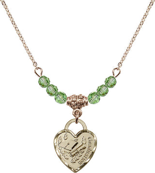 18" Hamilton Gold Plated Necklace with 4mm Peridot Crystal Beads featuring a 14kt Gold Filled Graduation Heart Medal. Engraved Catholic Saint Jewelry