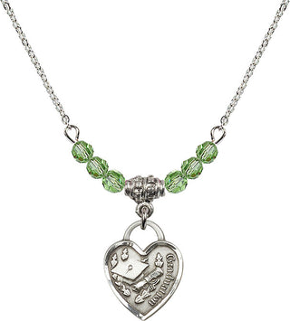 18" Rhodium Plated Necklace with 4mm Peridot Crystal Beads featuring a Sterling Silver Graduation Heart Medal. Engraved Catholic Saint Jewelry