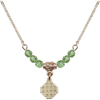 18" Hamilton Gold Plated Necklace with 4mm Peridot Crystal Beads featuring a 14kt Gold Filled Jerusalem Cross Medal.
