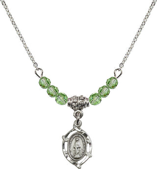18" Rhodium Plated Necklace with 4mm Peridot Crystal Beads featuring a Sterling Silver Miraculous Medal.