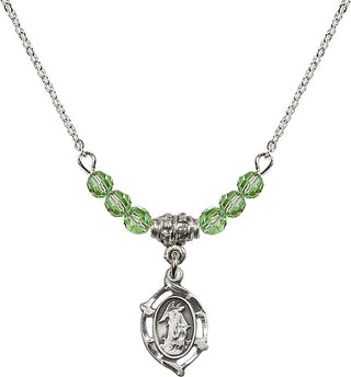 18" Rhodium Plated Necklace with 4mm Peridot Crystal Beads featuring a Sterling Silver Guardian Angel Medal.