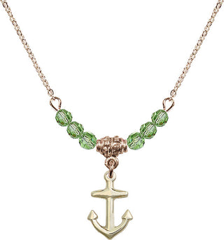18" Hamilton Gold Plated Necklace with 4mm Peridot Crystal Beads featuring a 14kt Gold Filled Anchor Medal.
