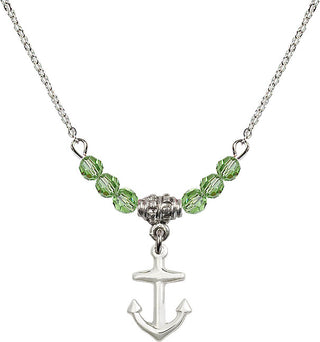 18" Rhodium Plated Necklace with 4mm Peridot Crystal Beads featuring a Sterling Silver Anchor Medal.