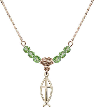 18" Hamilton Gold Plated Necklace with 4mm Peridot Crystal Beads featuring a 14kt Gold Filled Fish / Cross Medal.