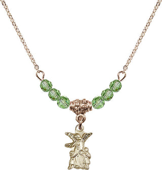 18" Hamilton Gold Plated Necklace with 4mm Peridot Crystal Beads featuring a 14kt Gold Filled Guardian Angel Medal.