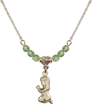 18" Hamilton Gold Plated Necklace with 4mm Peridot Crystal Beads featuring a 14kt Gold Filled Praying Girl Medal.