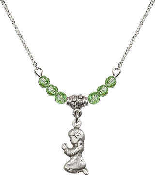 18" Rhodium Plated Necklace with 4mm Peridot Crystal Beads featuring a Sterling Silver Praying Girl Medal.