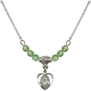 18" Rhodium Plated Necklace with 4mm Peridot Crystal Beads featuring a Sterling Silver Scapular Medal.