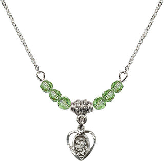 18" Rhodium Plated Necklace with 4mm Peridot Crystal Beads featuring a Sterling Silver Saint Christopher Medal. Engraved Catholic Saint Jewelry