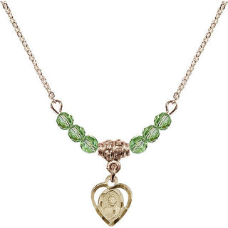 18" Hamilton Gold Plated Necklace with 4mm Peridot Crystal Beads featuring a 14kt Gold Filled Saint Jude Medal. Engraved Catholic Saint Jewelry