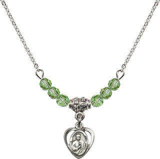 18" Rhodium Plated Necklace with 4mm Peridot Crystal Beads featuring a Sterling Silver Saint Jude Medal. Engraved Catholic Saint Jewelry