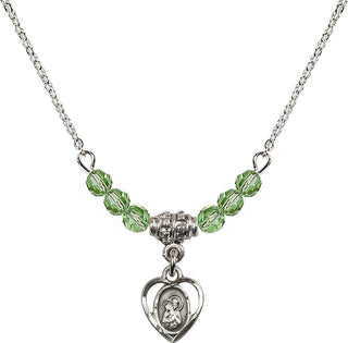 18" Rhodium Plated Necklace with 4mm Peridot Crystal Beads featuring a Sterling Silver Saint Ann Medal. Engraved Catholic Saint Jewelry