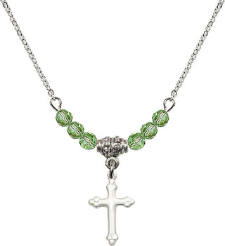 18" Rhodium Plated Necklace with 4mm Peridot Crystal Beads featuring a Sterling Silver Cross Medal.