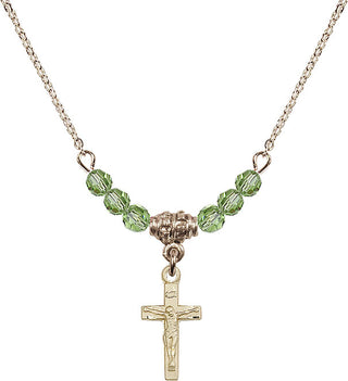 18" Hamilton Gold Plated Necklace with 4mm Peridot Crystal Beads featuring a 14kt Gold Filled Crucifix Medal.