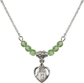 18" Rhodium Plated Necklace with 4mm Peridot Crystal Beads featuring a Sterling Silver Our Lady of Guadalupe Medal.