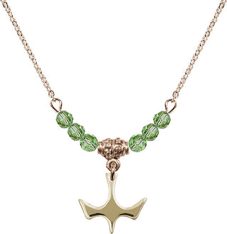 18" Hamilton Gold Plated Necklace with 4mm Peridot Crystal Beads featuring a 14kt Gold Filled Holy Spirit Medal.