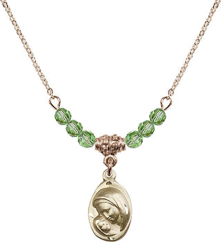 18" Hamilton Gold Plated Necklace with 4mm Peridot Crystal Beads featuring a 14kt Gold Filled Madonna & Child Medal.