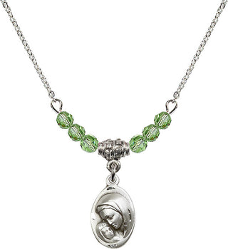 18" Rhodium Plated Necklace with 4mm Peridot Crystal Beads featuring a Sterling Silver Madonna & Child Medal.