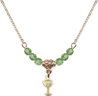 18" Hamilton Gold Plated Necklace with 4mm Peridot Crystal Beads featuring a 14kt Gold Filled Chalice Medal.