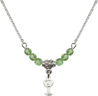 18" Rhodium Plated Necklace with 4mm Peridot Crystal Beads featuring a Sterling Silver Chalice Medal.