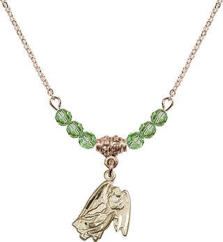 18" Hamilton Gold Plated Necklace with 4mm Peridot Crystal Beads featuring a 14kt Gold Filled Guardian Angel Medal.
