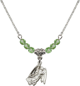 18" Rhodium Plated Necklace with 4mm Peridot Crystal Beads featuring a Sterling Silver Guardian Angel Medal.
