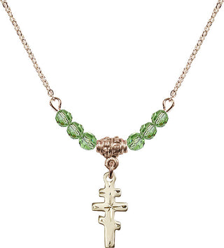 18" Hamilton Gold Plated Necklace with 4mm Peridot Crystal Beads featuring a 14kt Gold Filled Greek Orthadox Cross Medal.