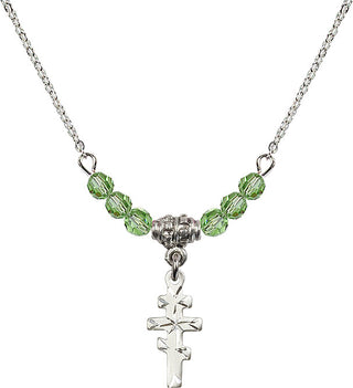 18" Rhodium Plated Necklace with 4mm Peridot Crystal Beads featuring a Sterling Silver Greek Orthadox Cross Medal.