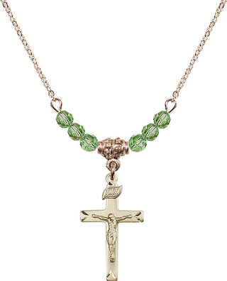 18" Hamilton Gold Plated Necklace with 4mm Peridot Crystal Beads featuring a 14kt Gold Filled Crucifix Medal.