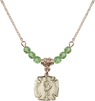 18" Hamilton Gold Plated Necklace with 4mm Peridot Crystal Beads featuring a 14kt Gold Filled Saint Florian Medal. Engraved Catholic Saint Jewelry