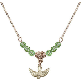 18" Hamilton Gold Plated Necklace with 4mm Peridot Crystal Beads featuring a 14kt Gold Filled Holy Spirit Medal.