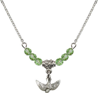 18" Rhodium Plated Necklace with 4mm Peridot Crystal Beads featuring a Sterling Silver Holy Spirit Medal.