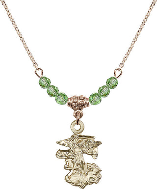 18" Hamilton Gold Plated Necklace with 4mm Peridot Crystal Beads featuring a 14kt Gold Filled Saint Michael the Archangel Medal.