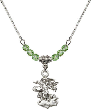 18" Rhodium Plated Necklace with 4mm Peridot Crystal Beads featuring a Sterling Silver Saint Michael the Archangel Medal.
