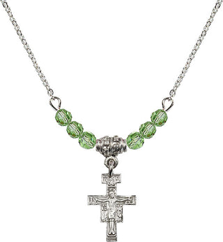 18" Rhodium Plated Necklace with 4mm Peridot Crystal Beads featuring a Sterling Silver San Damiano Crucifix Medal.