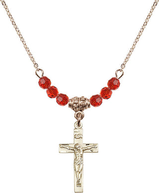 18" Hamilton Gold Plated Necklace with 4mm Ruby Crystal Beads featuring a 14kt Gold Filled Crucifix Medal.