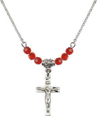 18" Rhodium Plated Necklace with 4mm Ruby Crystal Beads featuring a Sterling Silver Crucifix Medal.